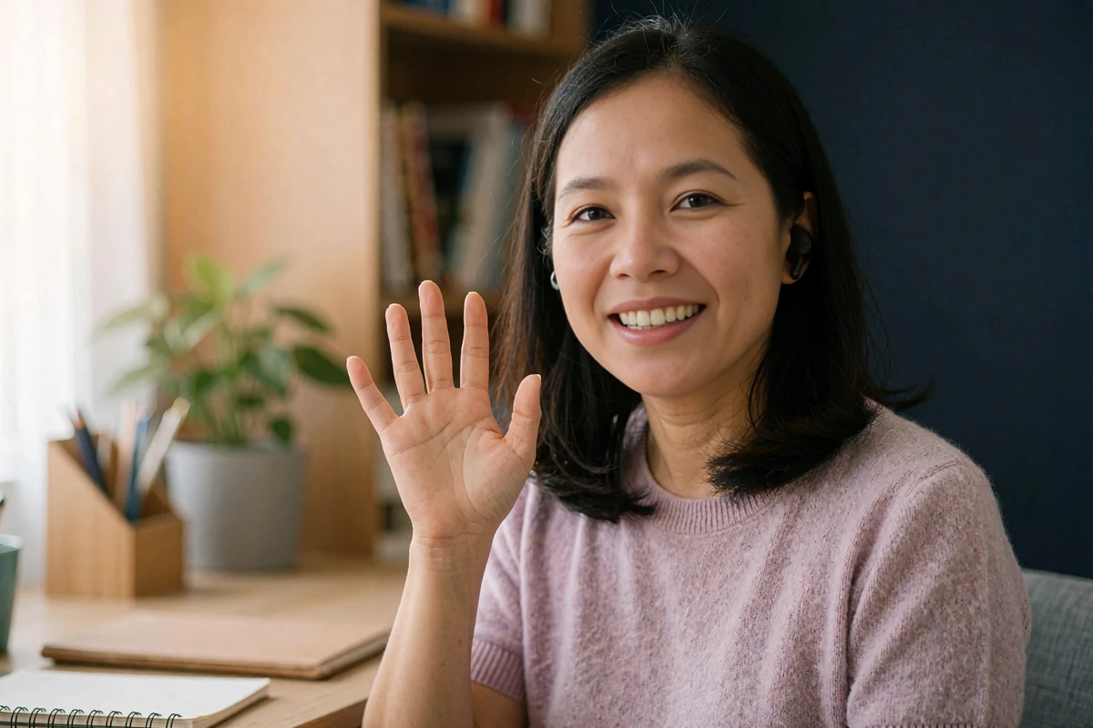 Filipina woman in a lilac knit top waving at the camera from a tidy home desk, as if greeting someone on a video call