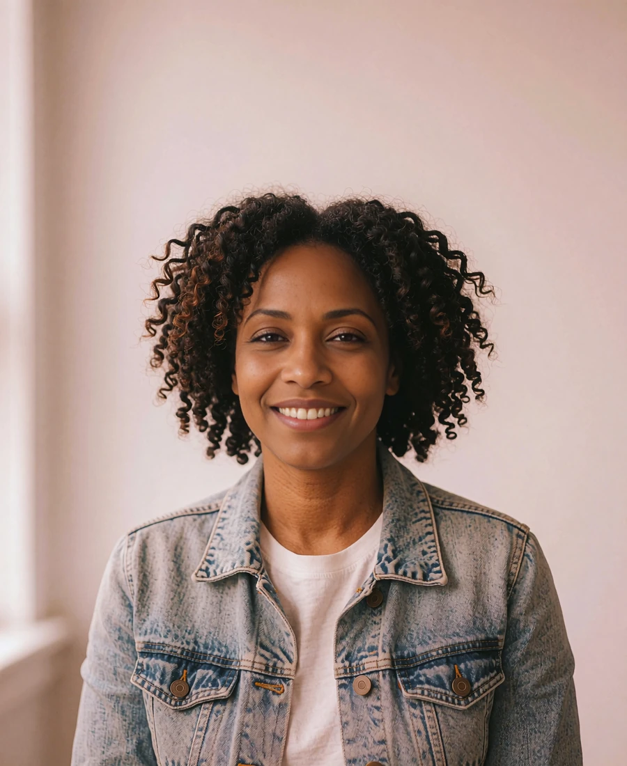 Cheerful woman with natural curls wearing a denim jacket, shown as a sample profile in our Allsweety review