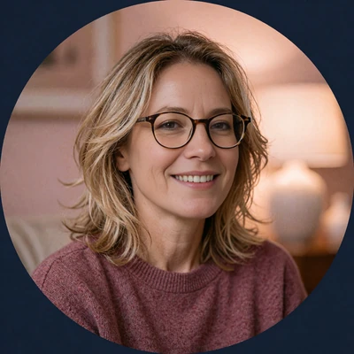 Woman in round glasses and a burgundy sweater, illustrative snapshot of a mid-forties singles profile