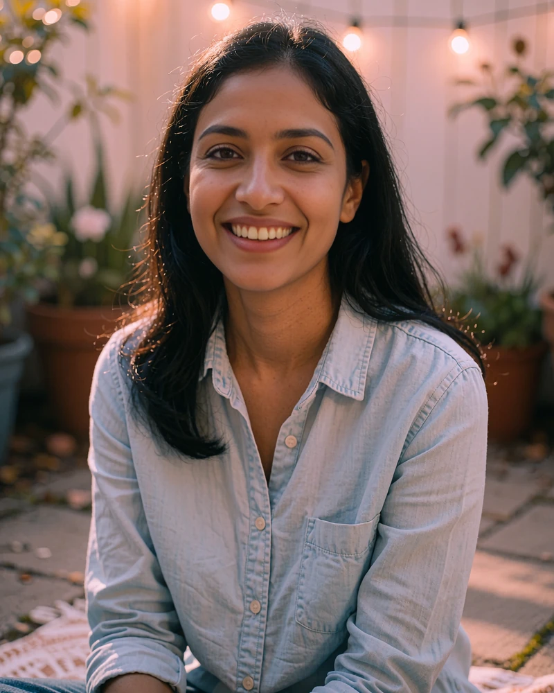 Smiling South Asian woman in a light blue shirt on a backyard patio, sample dating profile preview card