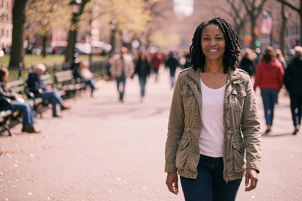 Woman with twists in an olive jacket walking a busy sunny park path, a safe public first-date setting for Allsweety matches