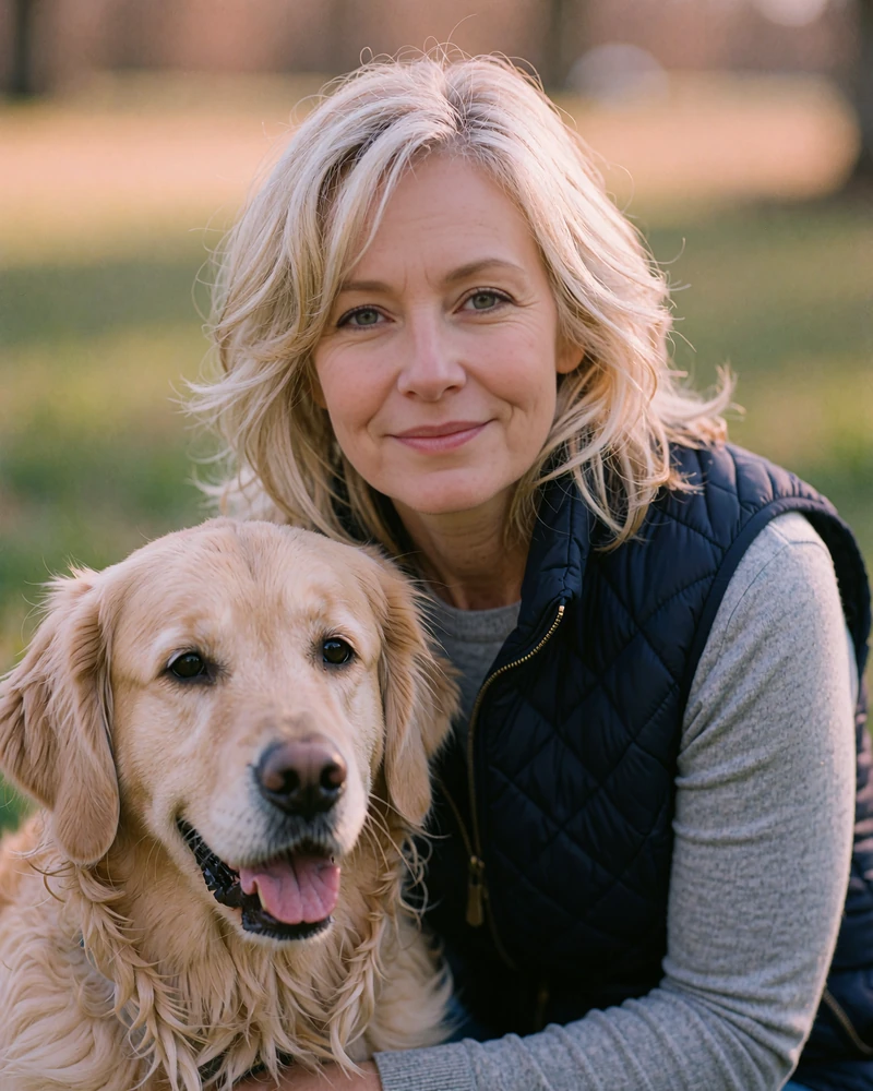 Blonde woman in a navy quilted vest kneeling beside a golden retriever in a park, sample profile card for the demo