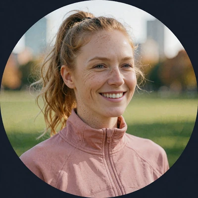 Freckled woman with a strawberry-blonde ponytail in a pink jacket at a park, sample active profile snapshot