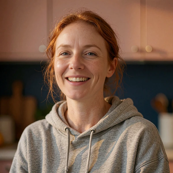 Freckled redhead in a gray hoodie laughing in her kitchen, avatar for a sample reply to a first message