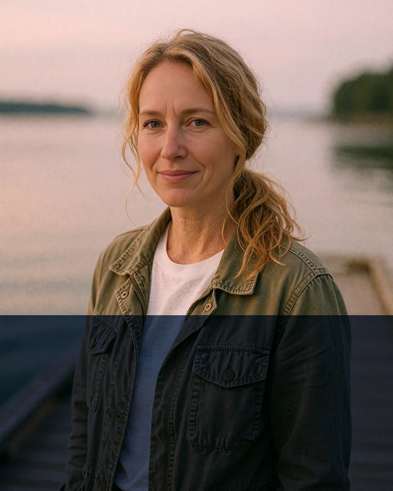 Woman around forty in an olive jacket on a lake dock, outdoorsy example profile for singles on Allsweety