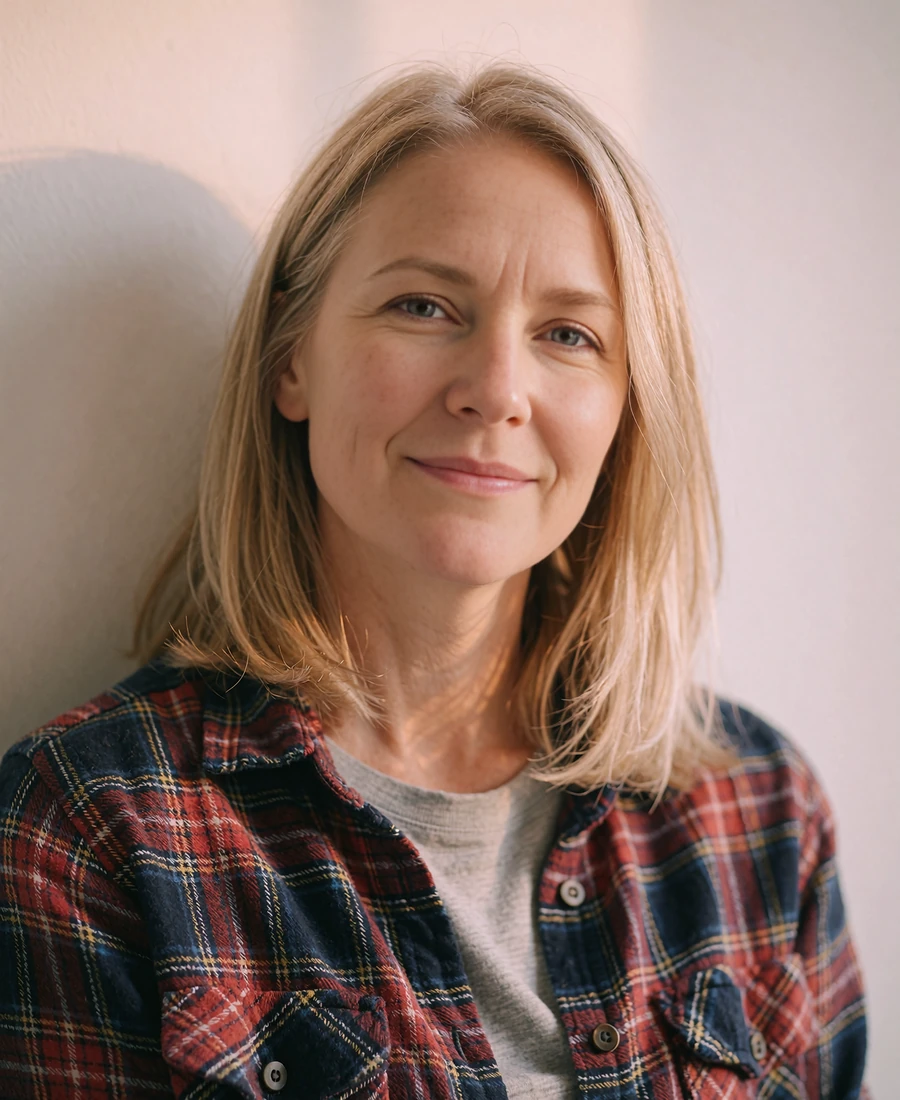 Relaxed blonde woman in a plaid flannel shirt, an example of everyday profiles on the Allsweety dating site