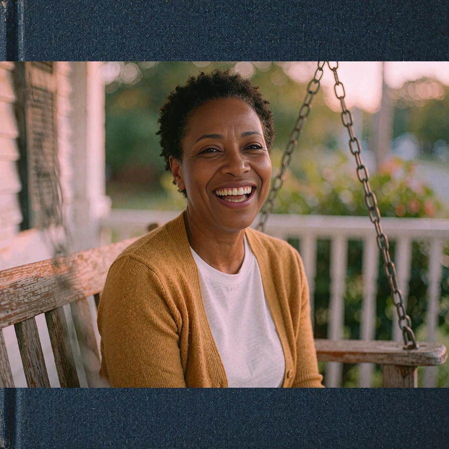 Black woman in a mustard cardigan laughing on a wooden porch swing, a welcoming example profile for the Allsweety welcome offer