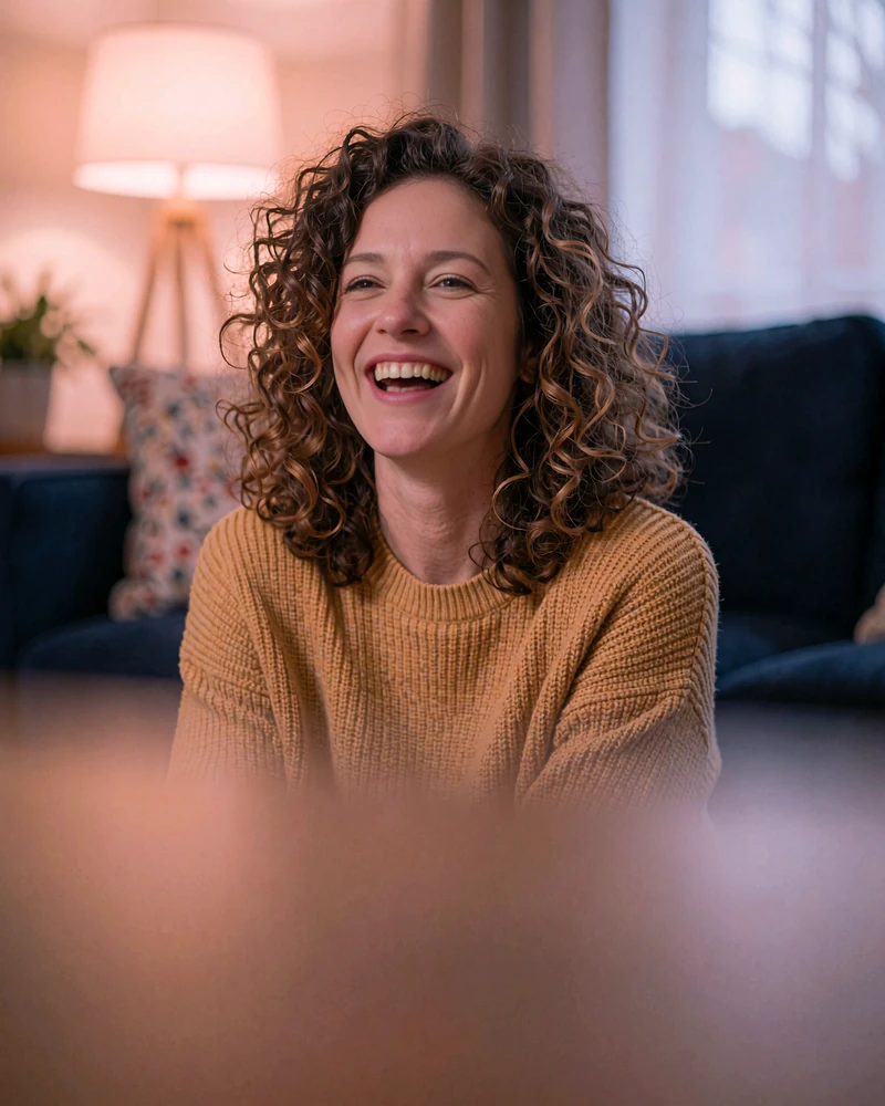 Laughing woman with curly brown hair in a mustard sweater at home, example Allsweety profile preview card