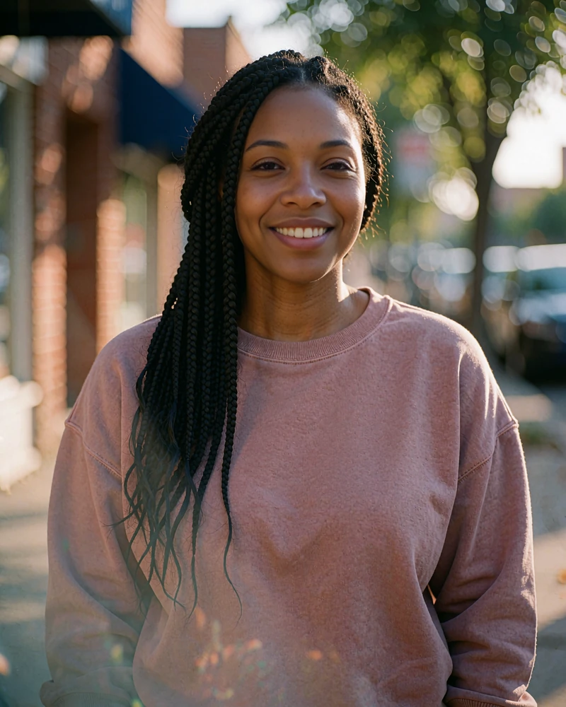 Woman with long box braids in a mauve sweatshirt on a small-town main street, example dating profile card
