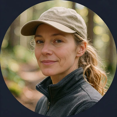 Sporty woman in a khaki cap on a hiking trail, illustrative snapshot of an active outdoorsy dating profile