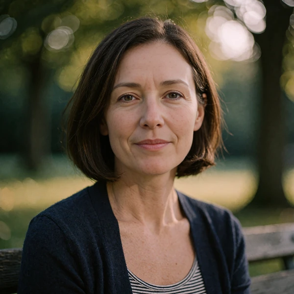 Woman with a brunette bob on a park bench, avatar beside a sample friendly reply in an online dating chat