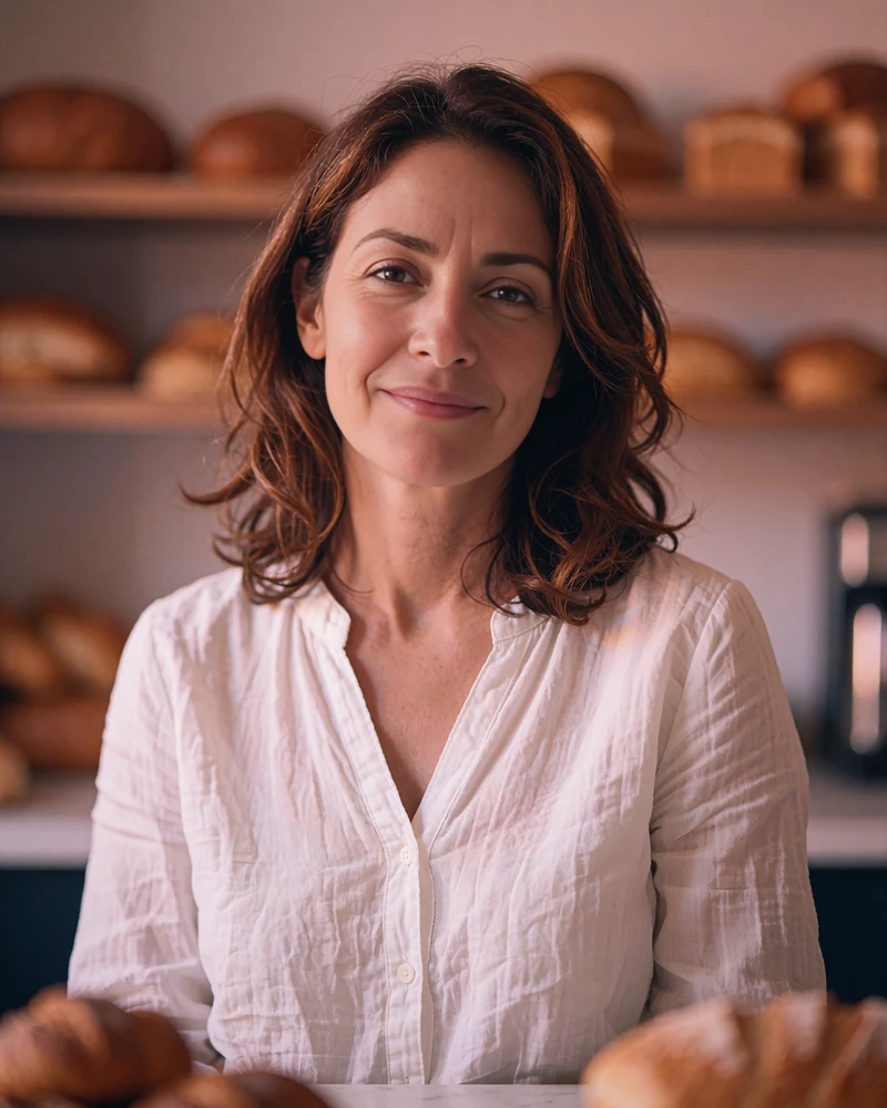 Smiling Latina woman in a white cotton blouse inside a neighborhood bakery, an example card in the swipe demo