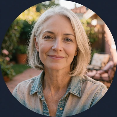 Smiling woman with a silver bob in a denim shirt on a patio, example profile for singles over fifty
