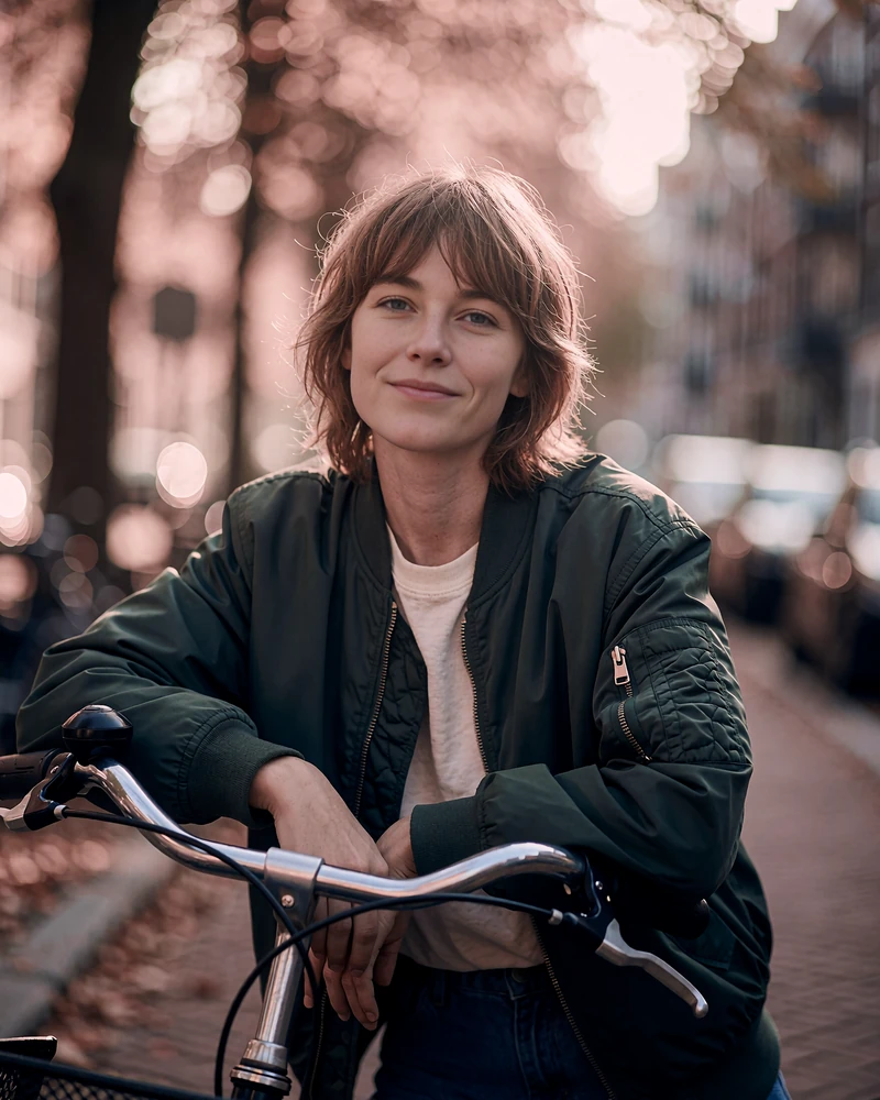 Woman with a light brown shag haircut leaning on a city bicycle in a dark green bomber jacket, example swipe card