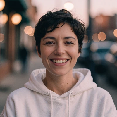 Woman with a dark pixie cut in a white hoodie on a city street at dusk, example recently active profile