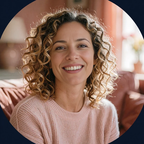 Smiling woman with curly dark-blonde hair in a light pink sweater, sample avatar for a first message example on Allsweety