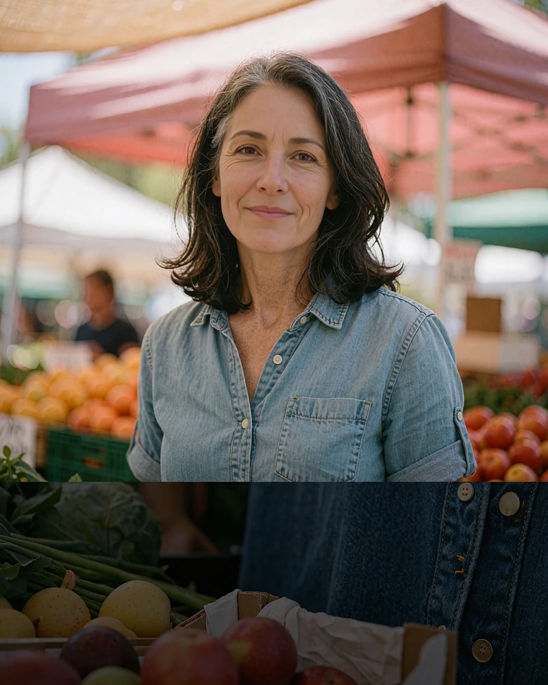 Woman in her late forties with silver-streaked hair at a farmers market, mature singles profile example