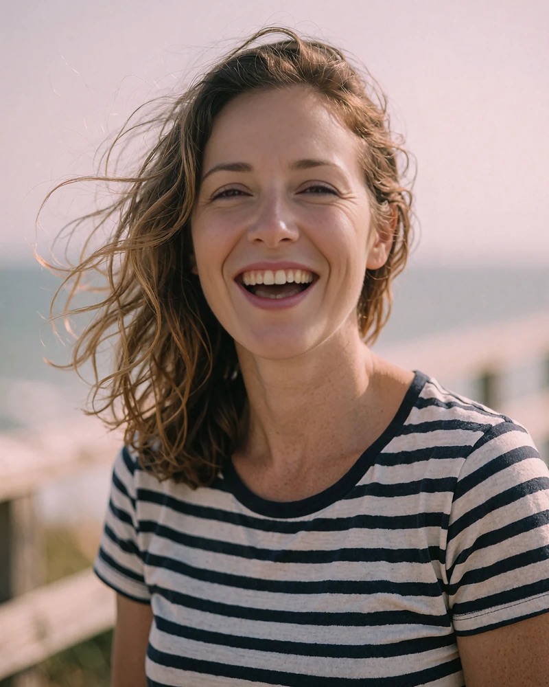 Laughing woman in a navy striped tee on a wooden boardwalk by the sea, anonymous example profile card